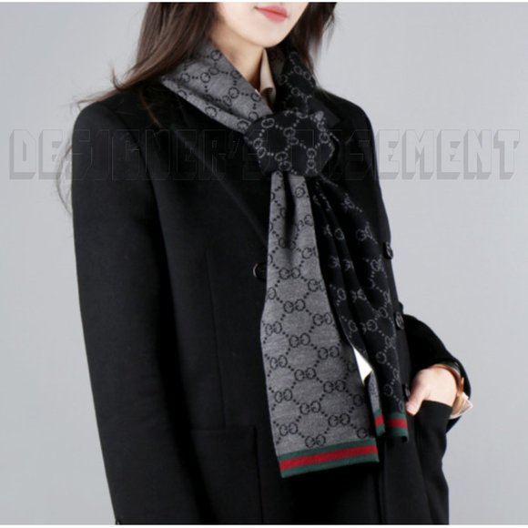 GUCCI black /gray SOLANGE Original GG red & green WEB wool reversible long scarf - Picture 2 of 7